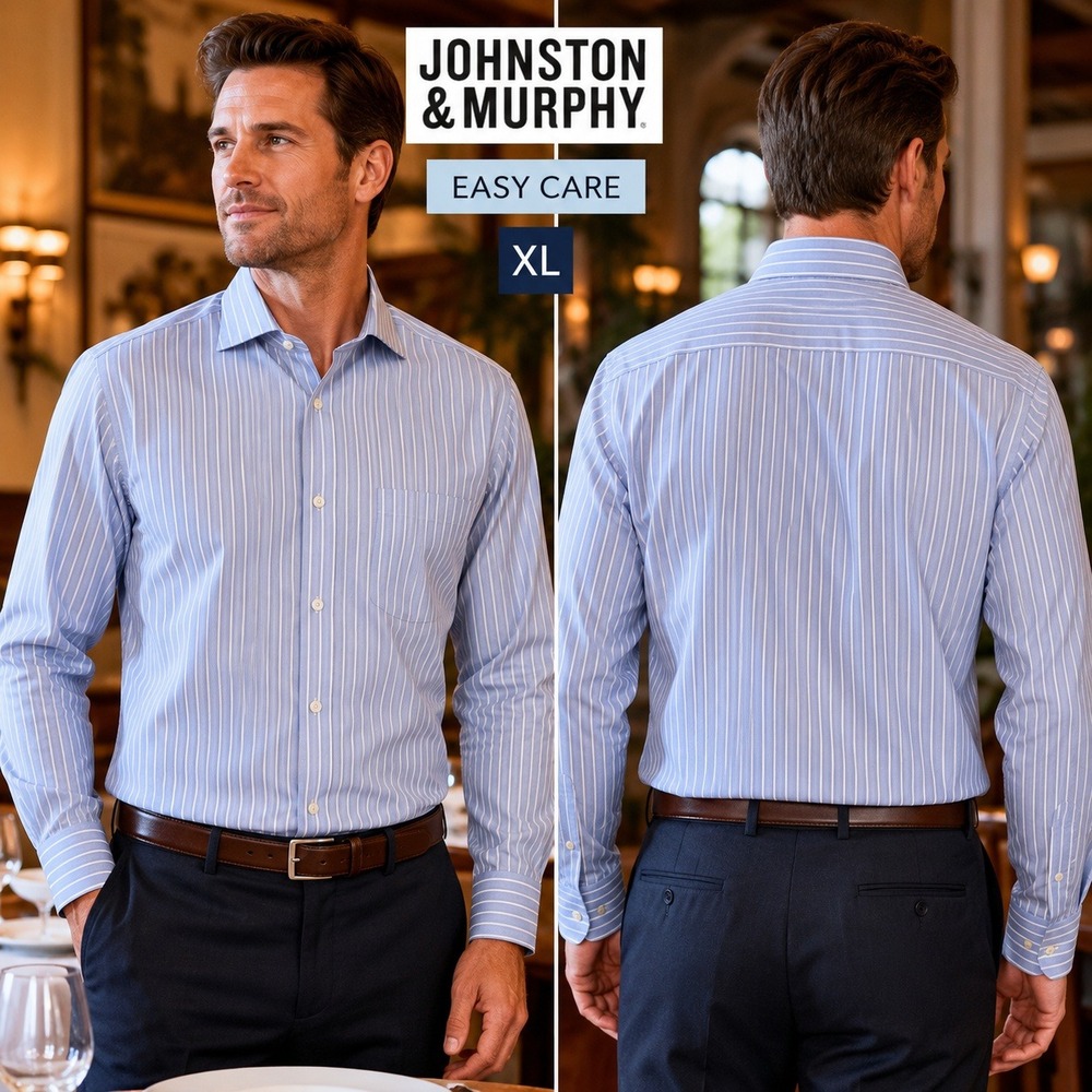 Johnston‎ & Murphy Mens XL Blue White Striped Easy Care Cotton Button Down Shirt